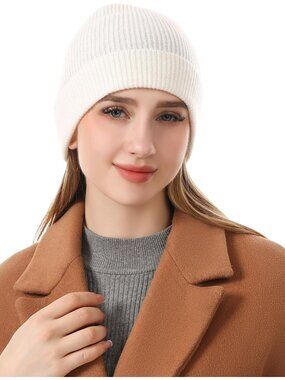 ⚡Women White 100% Pure Mongolian Cashmere Knit Hat Ultra Soft Winter Beanie‎